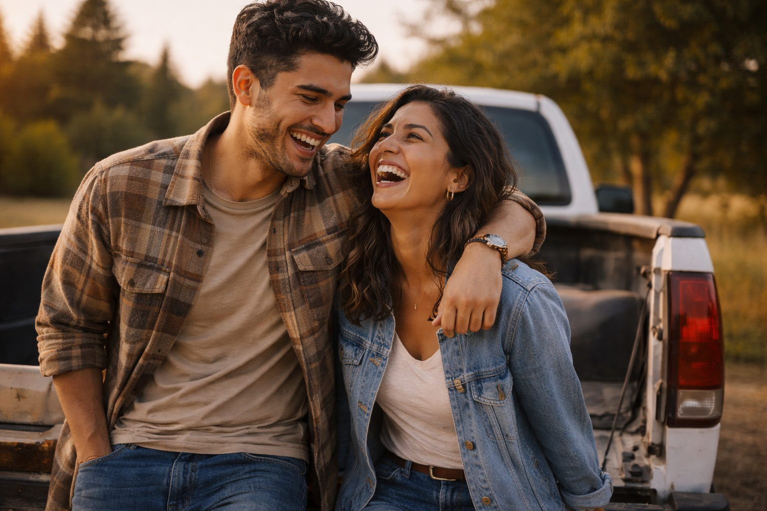 Young couple laughing together at a truck tailgate