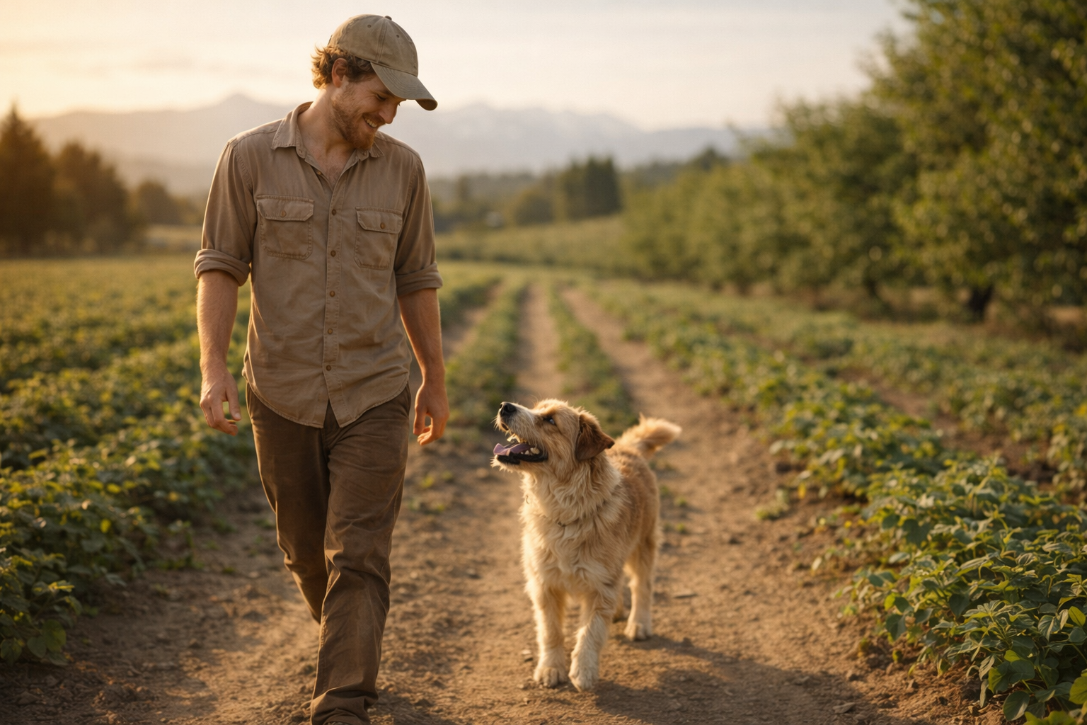 Farmer walking through the American Reefer farm with his dog